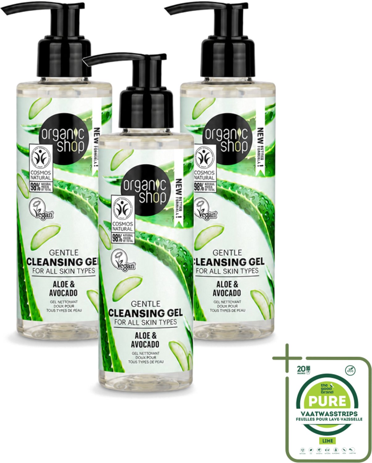 3 x Organic Shop - Cleansing Gel Avocado & Aloe - Verfrissend en Hydraterend - 200 ml - Grootverpakking - Vaatwasstrips - Gezichtsreiniger - Natuurlijke Reiniging - Avocado-olie - Aloë-extract - Hydraterende Gel