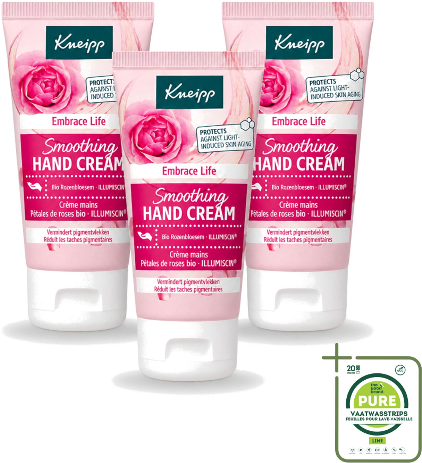 3 x Kneipp - Handcrème - Embrace Life - Anti‑Aging (ILLUMISCIN) - 50 ml - Grootverpakking - Vaatwasstrips - Handcrème - Anti-ouderdom - Pigmentvlekken - Huidveroudering - Vitamine E
