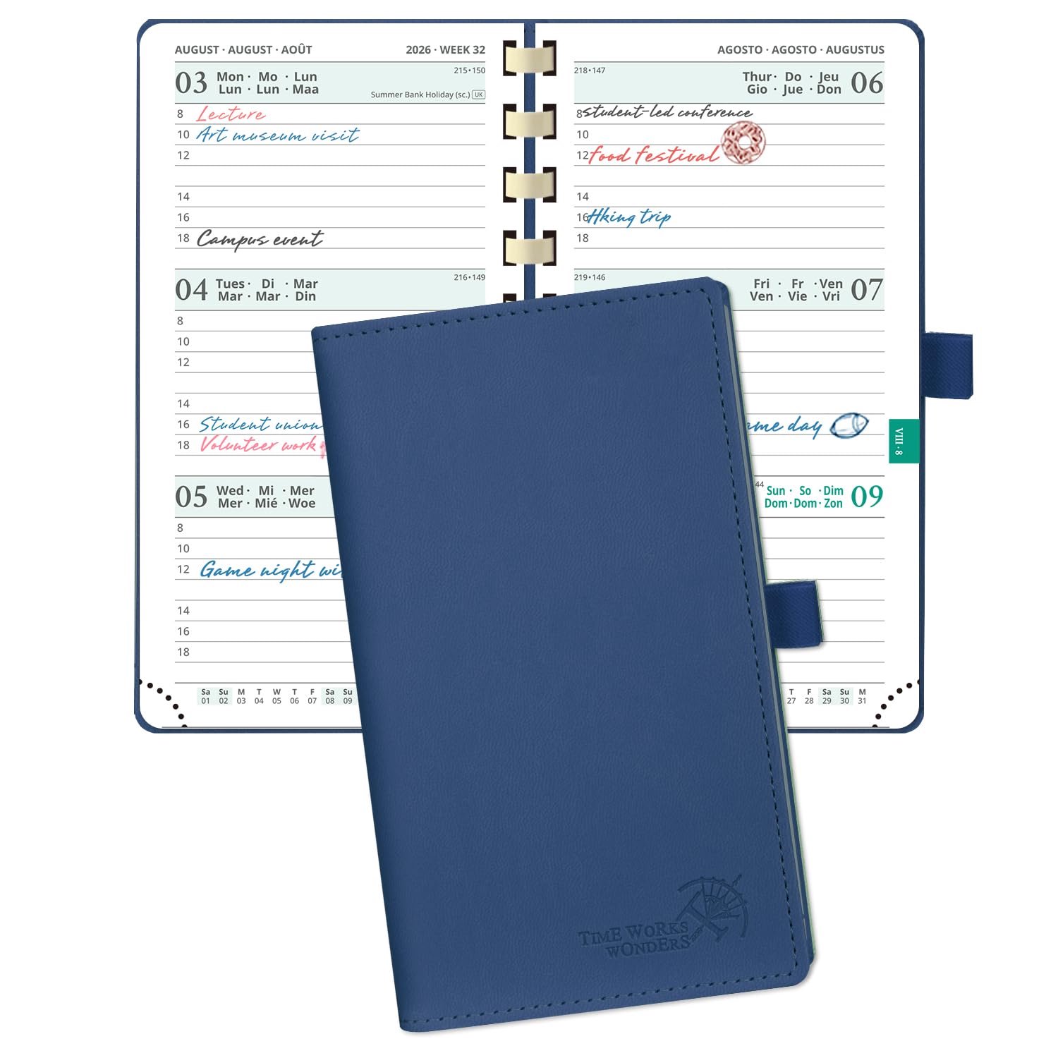 POPRUN Agenda Pocket 2026 2027 Weekplanner 16,5 x 9 cm van Aug'26 - Dec'27 - Kleine 17 Maanden met Zachte Spiral Binding Kaft, Kaartsleuf, Papier 80 G