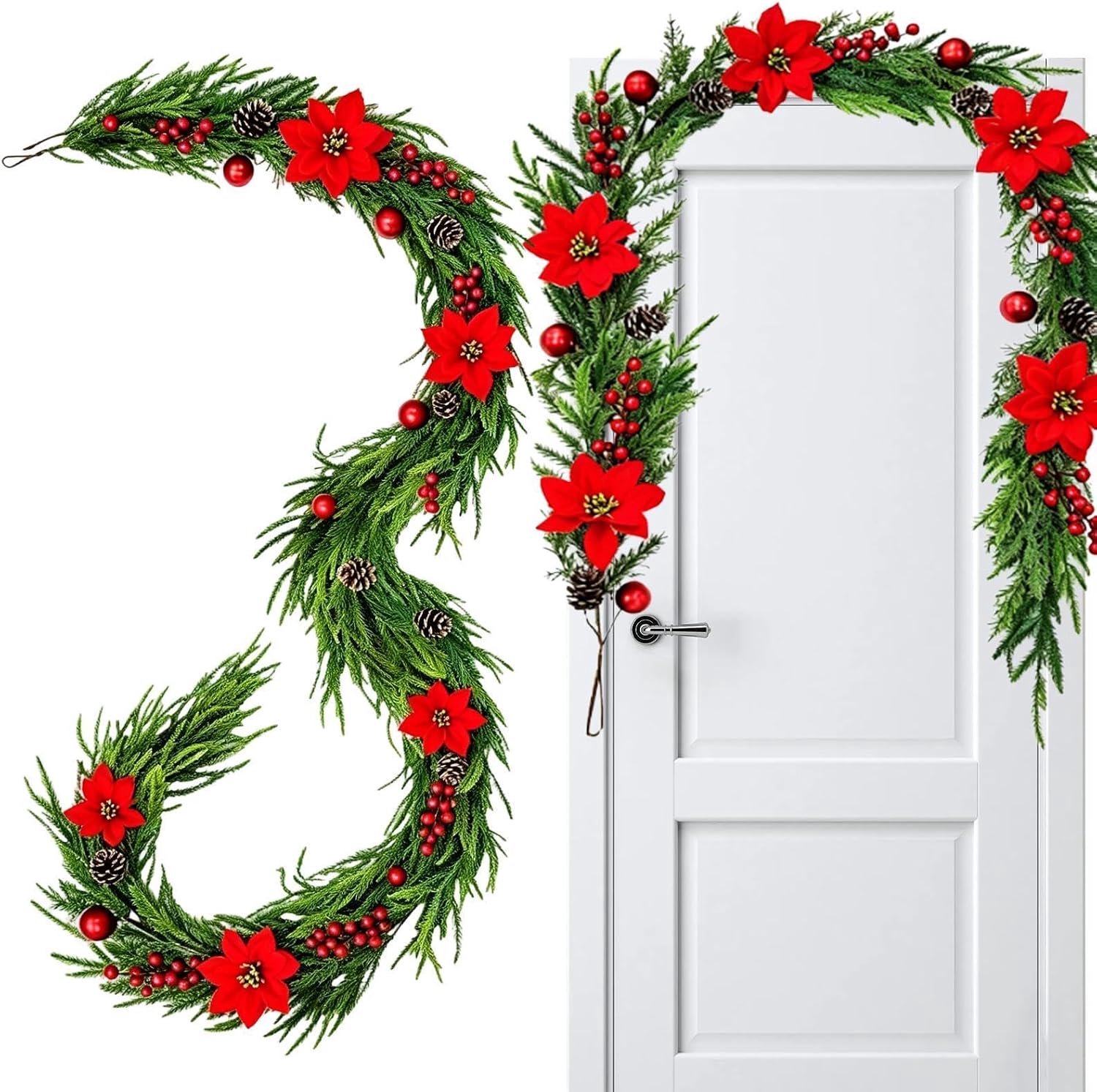 Kerstbloemenslinger, 1,5 m, kunstmatige decoraties met rode bessen