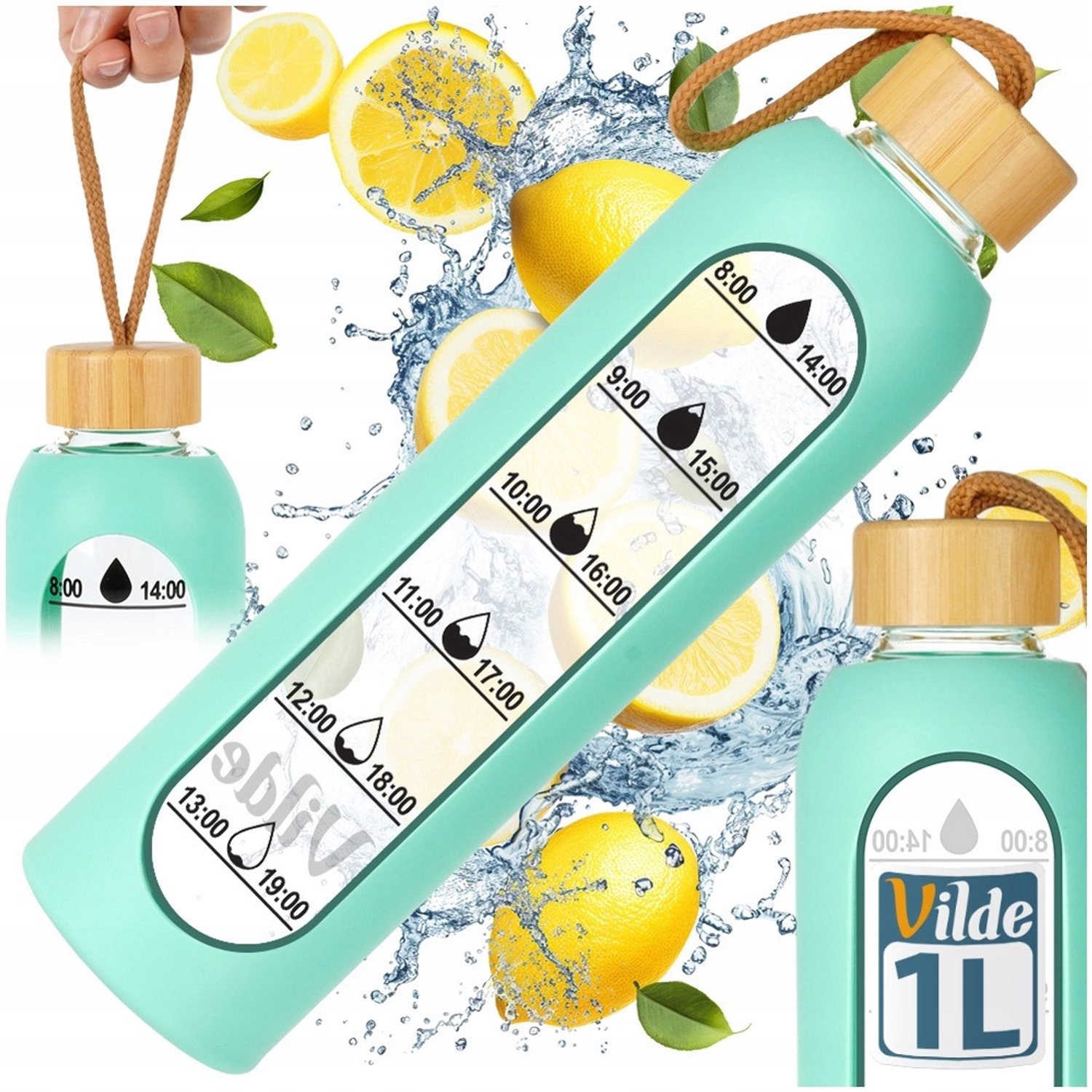 Motiverende Glazen Waterfles 1L Mint Groen met Siliconen Sleeve
