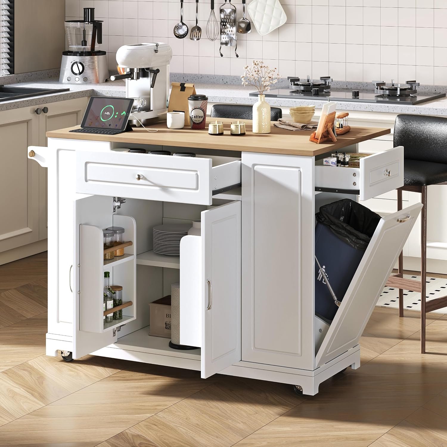 Keukeneiland met wieltjes, uittrekbaar werkblad van 112 tot 180 cm, met afvalscheidingsvak en kruidenrek, mobiel dressoir en eethoek voor kleine keukens, 7 rollen (wit + natuurlijk + MDF)