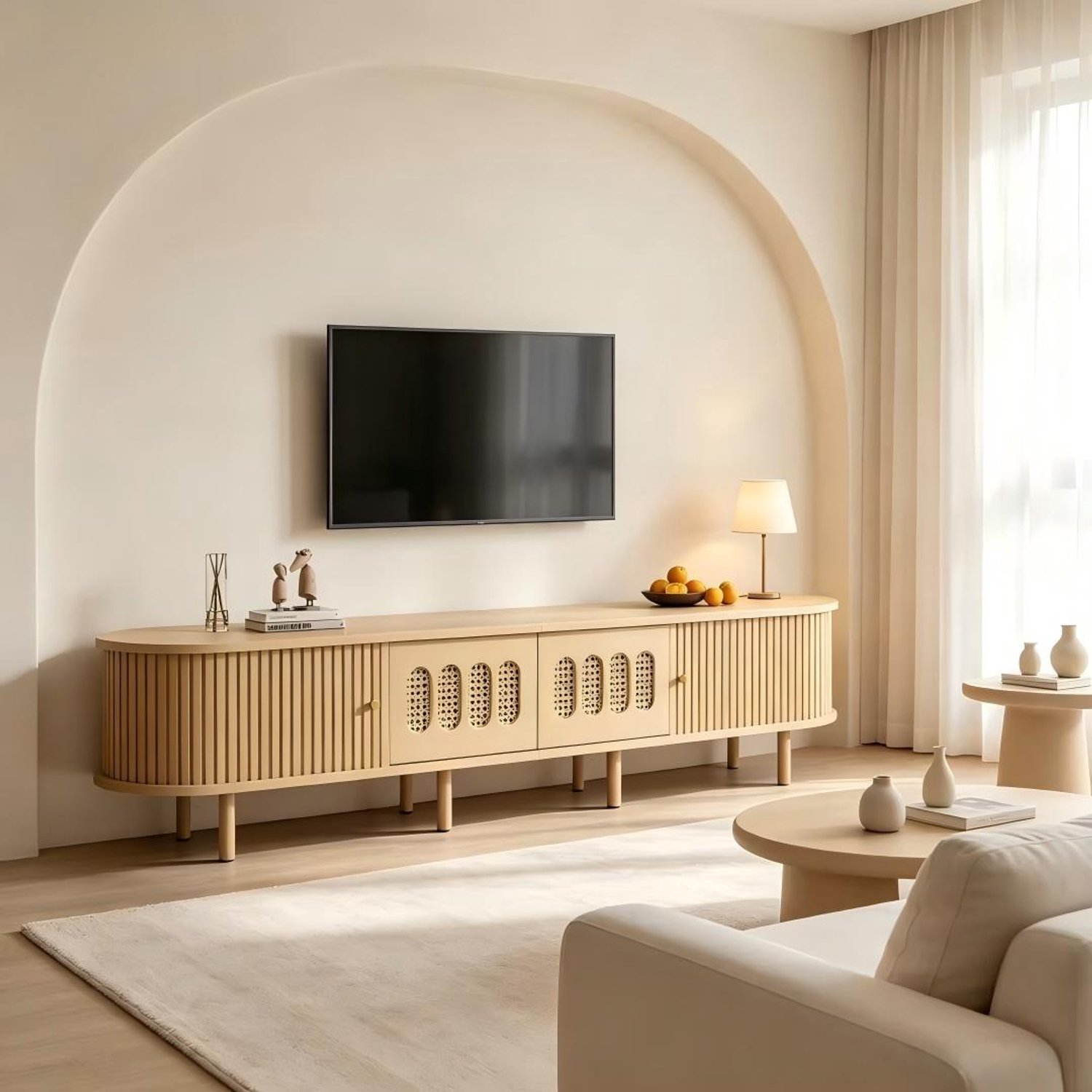 Clruro TV-Meubel - 180×40×40 cm - Rotanlook - 2 Deuren en 2 Roldeuren - MDF - Lichte Houtlook Naturel