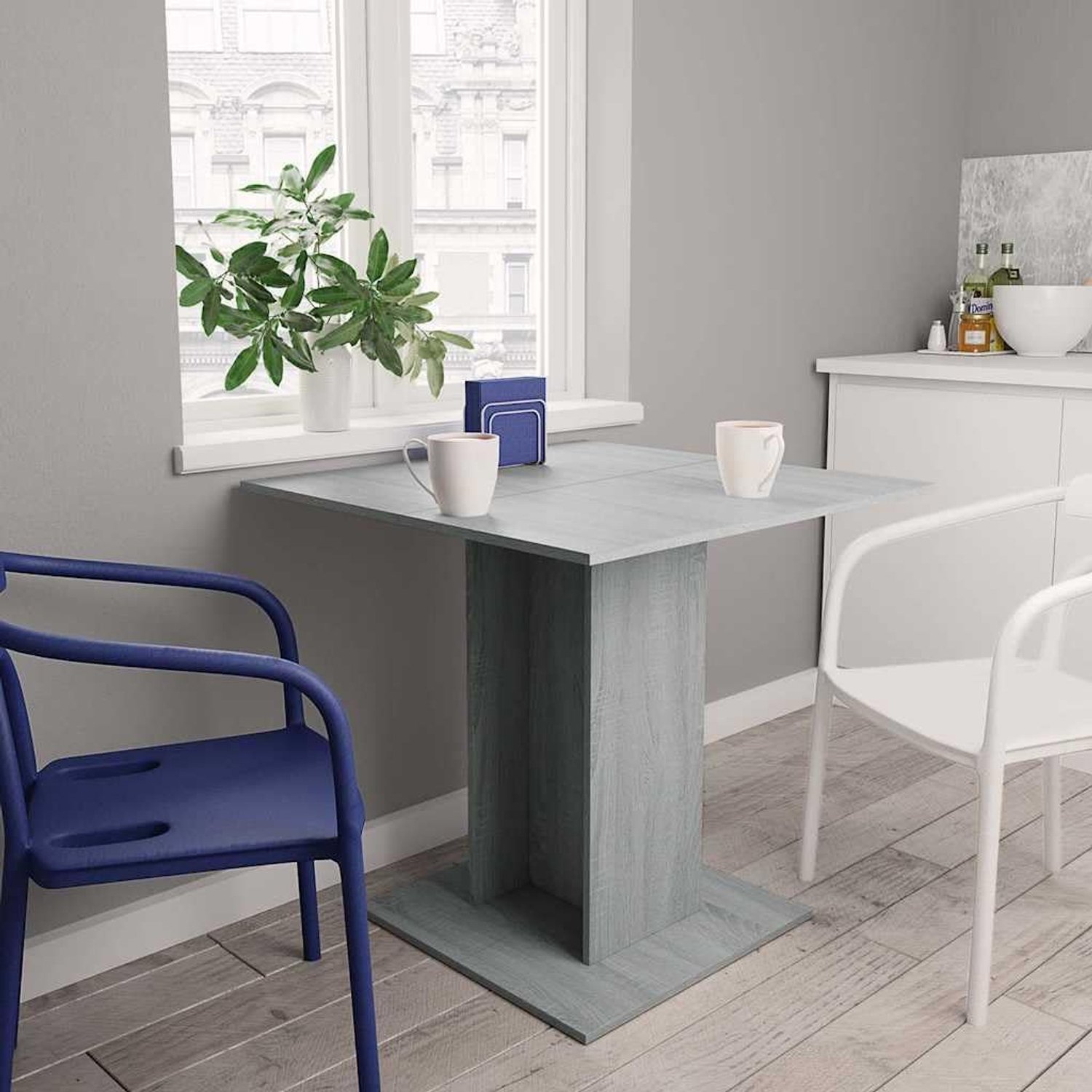 Eettafel, grijs, sonoma, 80 x 80 x 75 cm, houtmateriaal, vierkant, stabiel tafelblad, minimalistische keukentafel, duurzaam, vochtbestendig, eenvoudige reiniging, robuuste sokkel