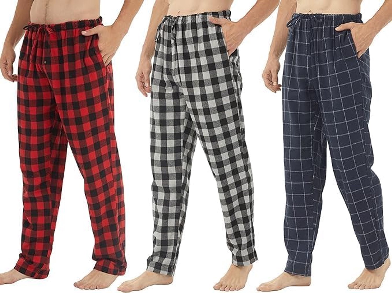 Set van 2 pyjamabroek voor heren, katoen, flanel, zachte pyjamabroek, geruit, pyjamabroek, lounge, pyjama met knoopsluiting en zakken