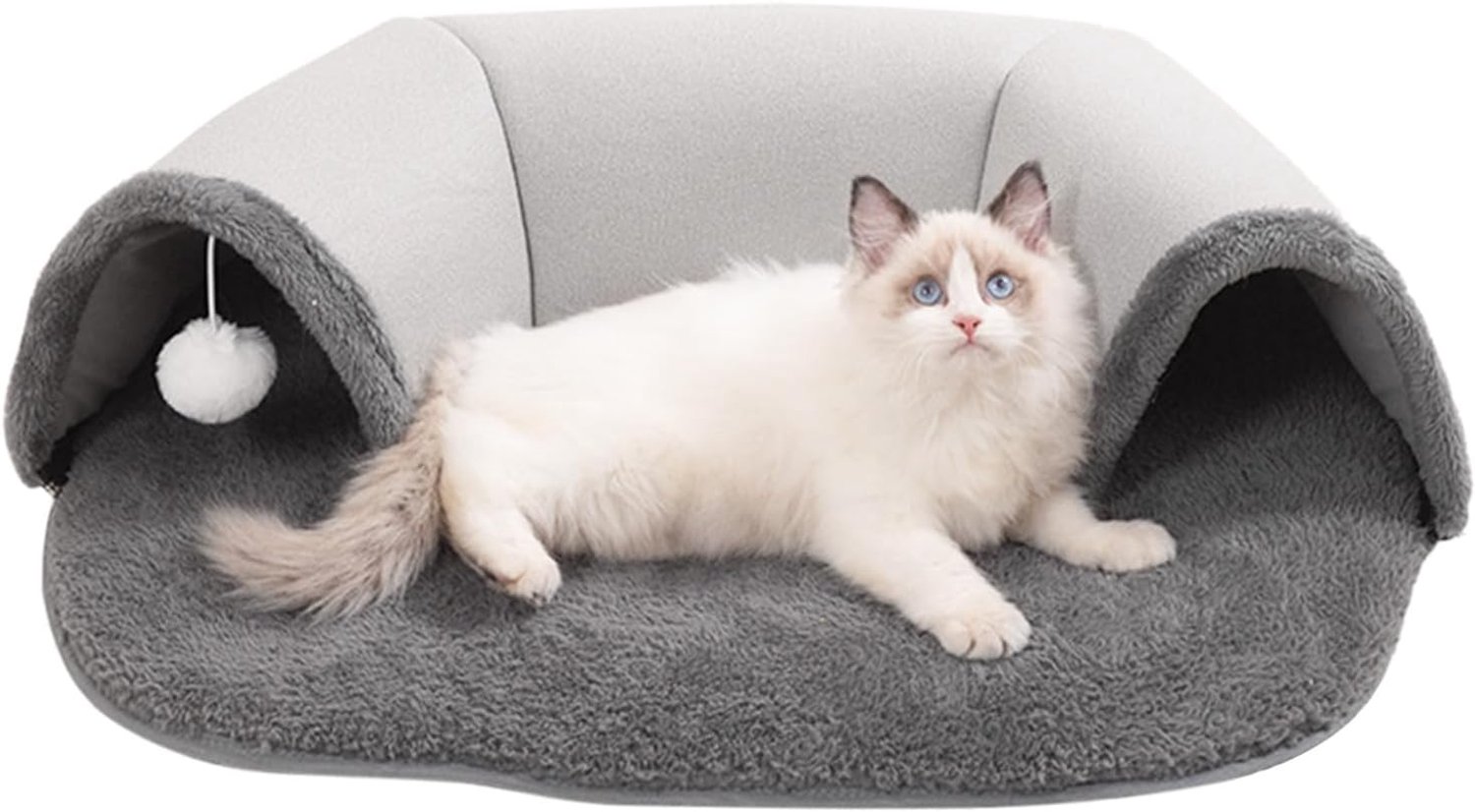 Peekaboo Donuttunnel voor katten, zacht en warm met witte pluche bal, ruime schuilplaats voor woningen, interactieve tunnel voor binnenkatten, winterbenodigdheden voor huisdieren
