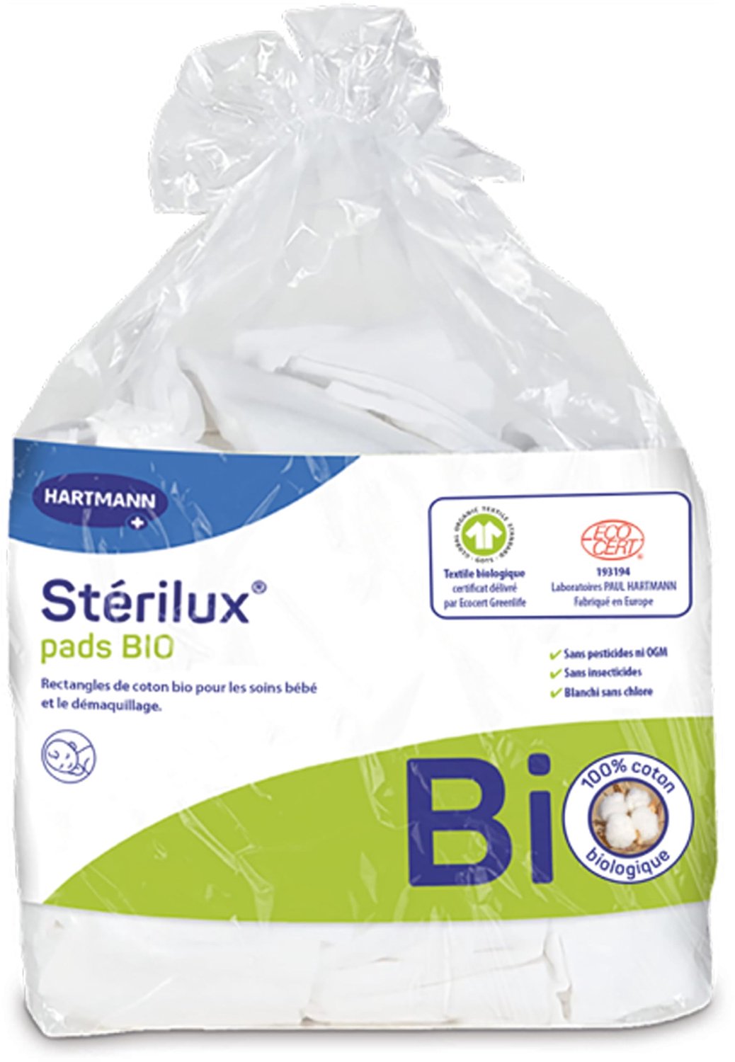Sterilux Pads BIO – rechthoeken van biologisch katoen – zacht – pluisvrij – 7,5 x 9,5 cm – 160 stuks