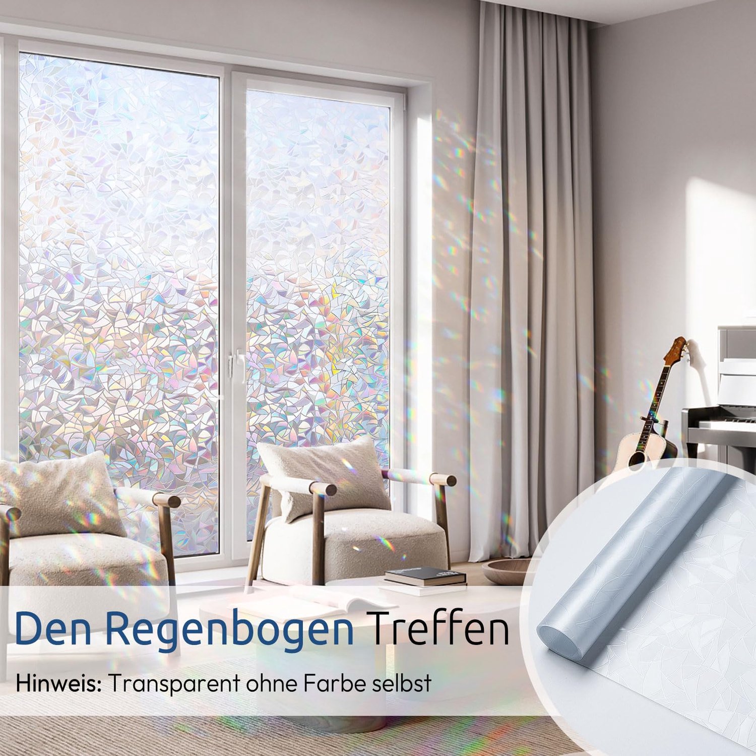 rabbitgoo Motief Raamfolie, Regenboog Effect Zonwerende Privacyfolie 90x300cm, Elektrostatische Decoratieve Vensterfilm, 3D Opaque Glasfolie, Anti-Inz