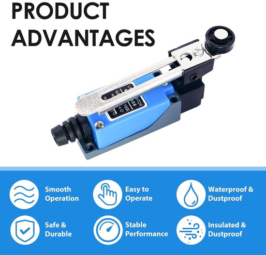 2 stuks Me-8108 waterdichte eindschakelaar, 250 V, industriële mini-eindschakelaar met rolhendel, mechanische positieschakelaar voor automatisering, machinebouw en elektrische besturingen — afbeelding 4