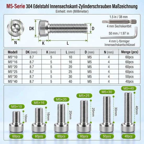 60 stuks M5 x 20 mm schroeven, cilinderkopschroeven, cilinderkopschroeven met binnenzeskant, platte kop roestvrij staal, volledige schroefdraad schroeven, cilinderkopschroeven — afbeelding 2