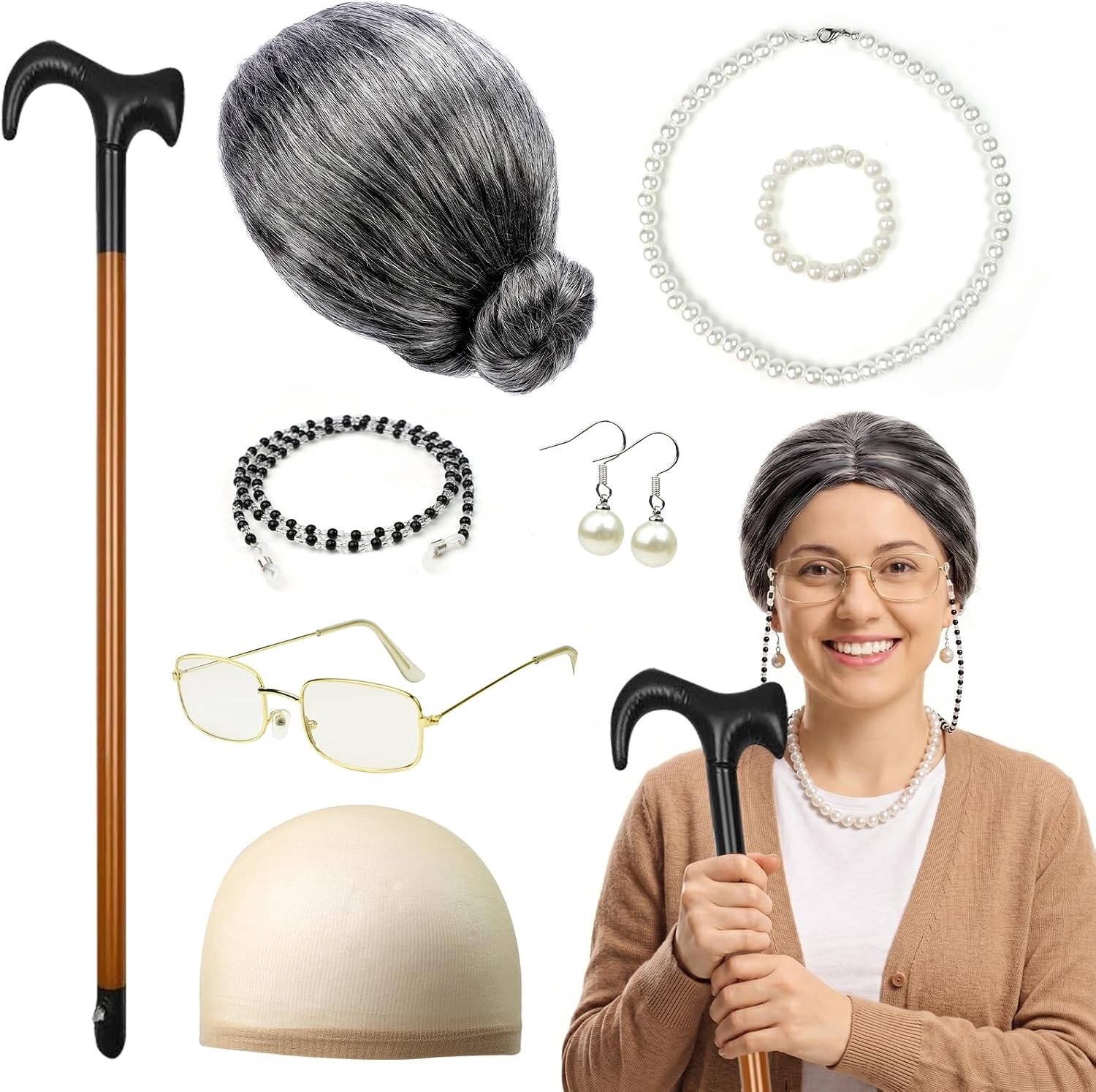 Grijze Perücke voor Vrouwen, Oudere Vrouw Kostuum, Perfect voor Feestjes en Verkleedpartijen