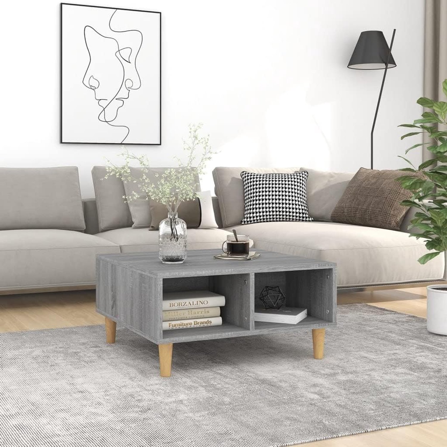 Salontafel van technisch hout, grijs, Sonoma, Scandinavische salontafel met legplanken en houten poten, 60 x 60 x 30 cm