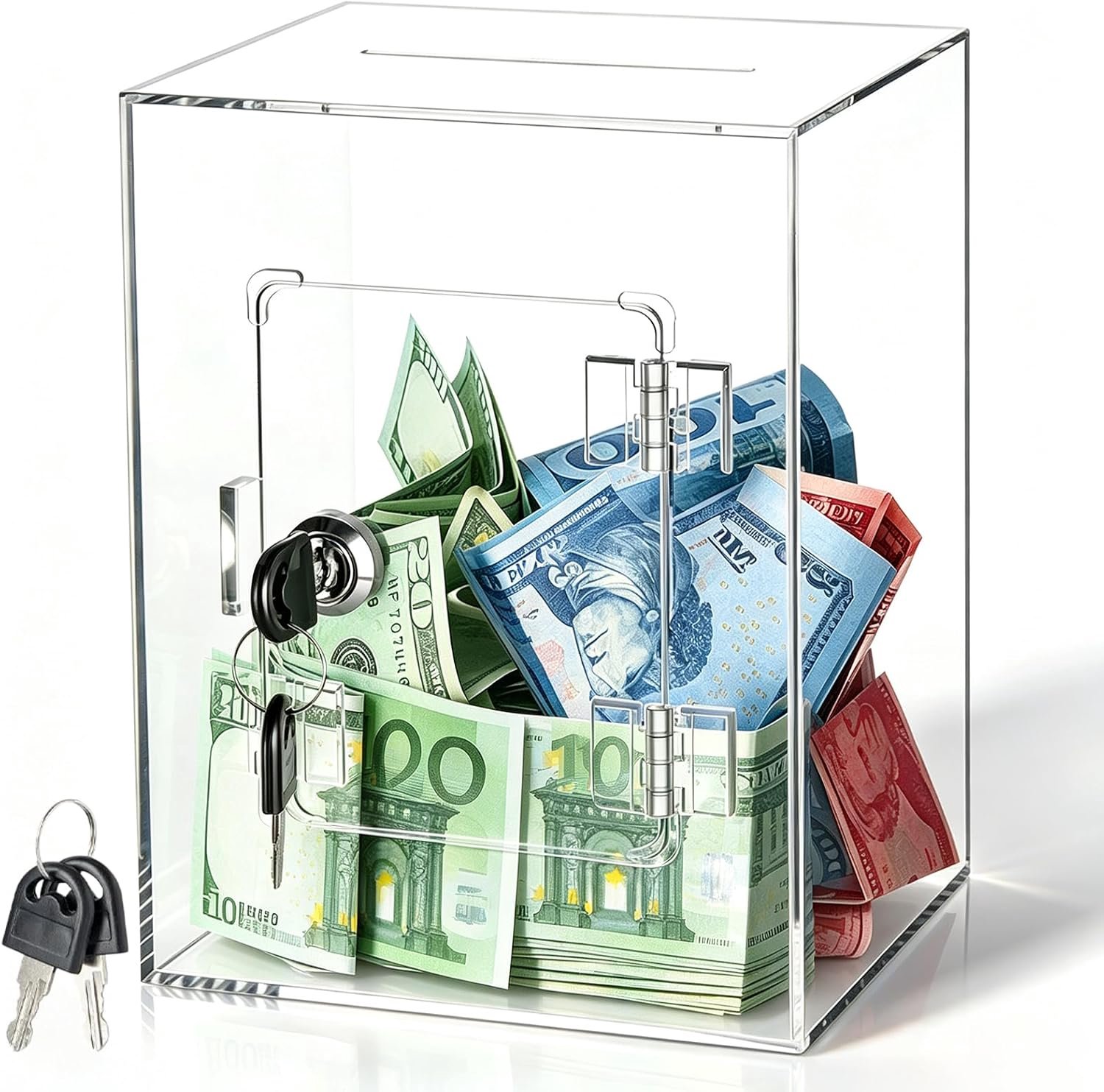 Spaarpot acryl transparant: Doorzichtige spaarvarken met sleutel en slot 20 x 15 x 12cm, afsluitbare donatiebox acryl spaarpot, bankbiljetten spaarpot voor fondsenwerving afstemming TIPP (wit)