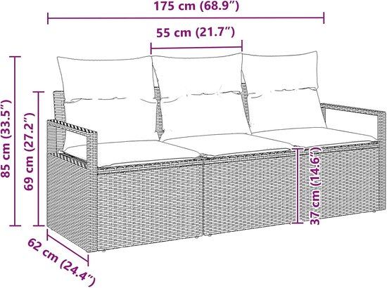 Poly rattan modulaire tuinset bruin 3 delig — afbeelding 2