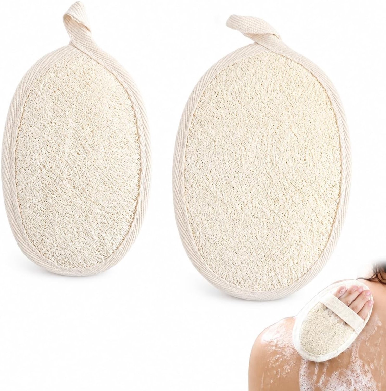 Natuurlijke Luffa Spons voor Bad en Douche - 2 Stuks Peeling Scrub Spons voor Lichaam en Gezicht, 16x11 cm en 12x8 cm, Geschikt voor Dames en Heren