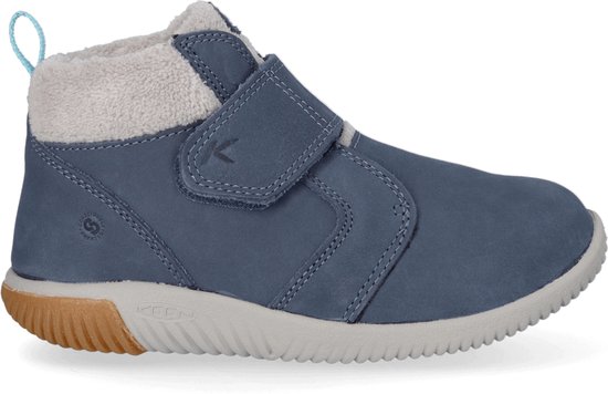 Zijzicht van blauwe leren KEEN laarsjes met klittenband, lichtgrijze voering en rubberen zool.