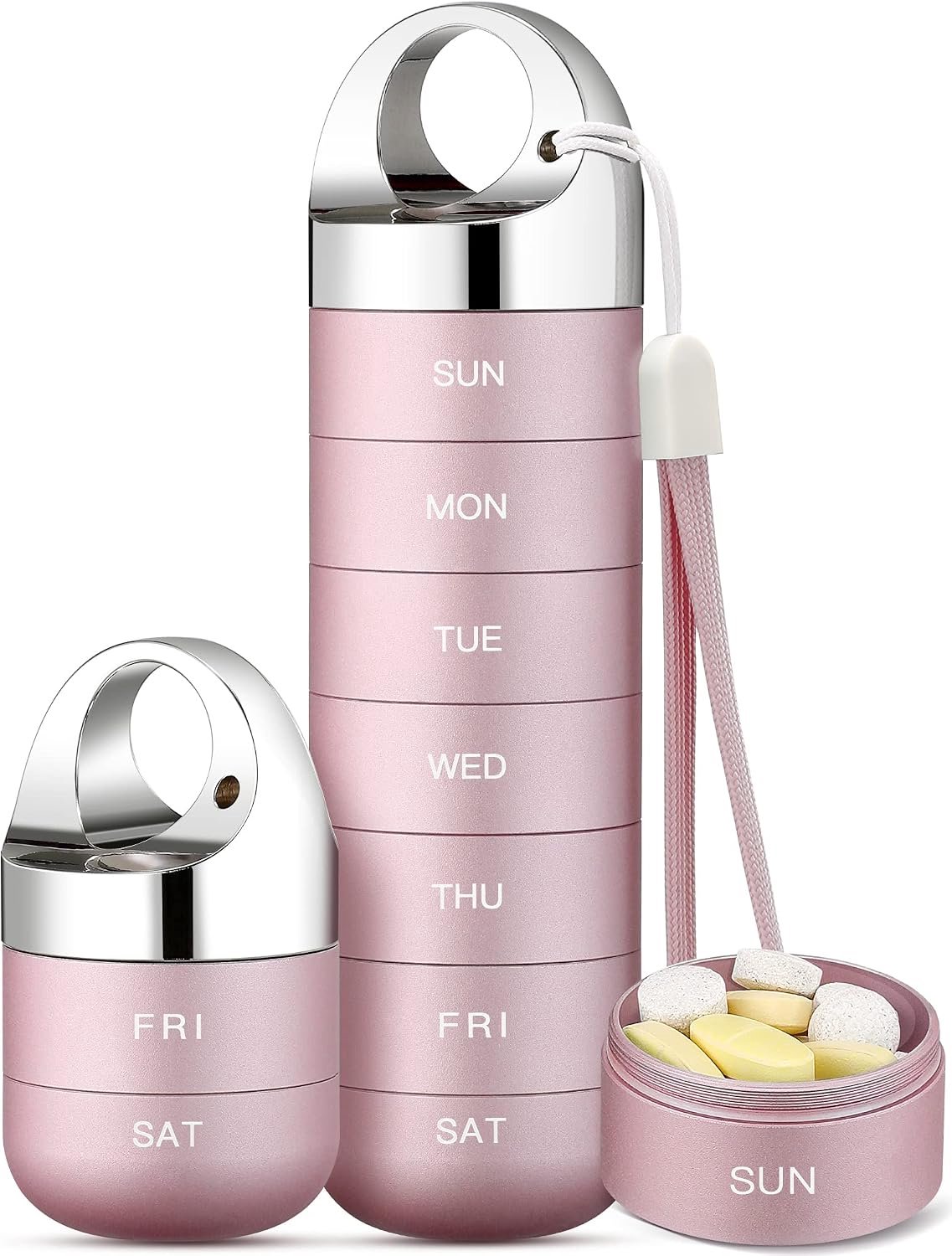 Zannaki Metalen reispillenorganisator, draagbare waterdichte wekelijkse pillendoos, grote container van aluminiumlegering, BPA-vrij 7 dagen dagelijkse medicijnorganisatorhouder voor vitamine, visolie,