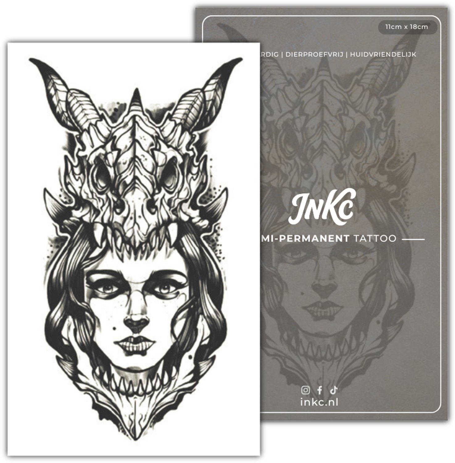 INKC - Tijdelijke Tattoo - Schedellvrouw - Nep Tattoo - Plak Tattoos - Blijft tot 2 weken - 11 x 18cm