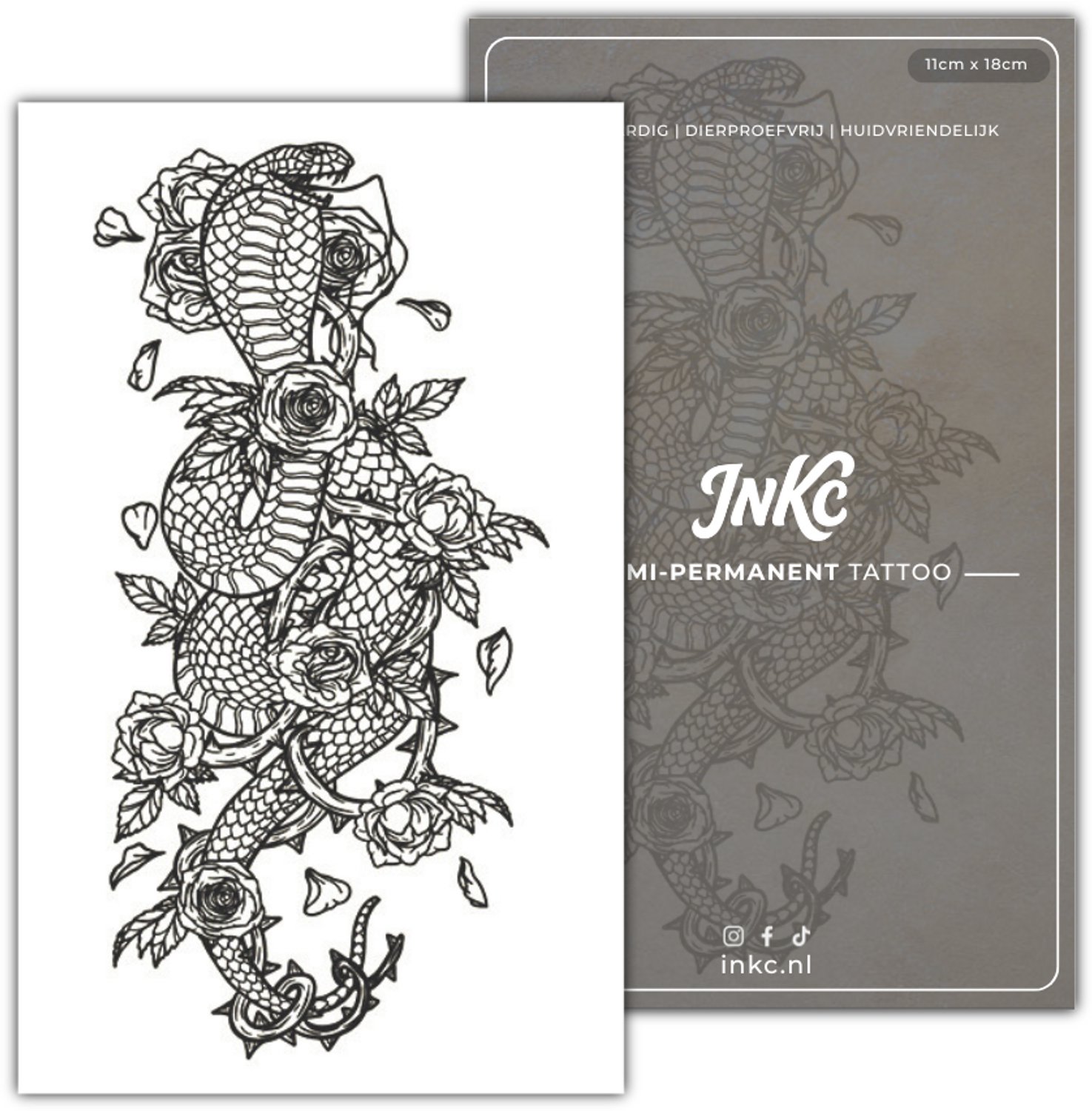 INKC - Tijdelijke Tattoo - Slang Rozen - Nep Tattoo - Plak Tattoos - Blijft tot 2 weken - 11 x 18cm