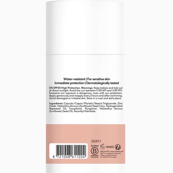 Witte stick met informatie over waterresistentie, dermatologisch getest, "0% perfume" en "36gr".