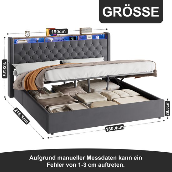 Afmetingen van donkergrijs tweepersoonsbed met open opbergruimte en LED-verlichting.