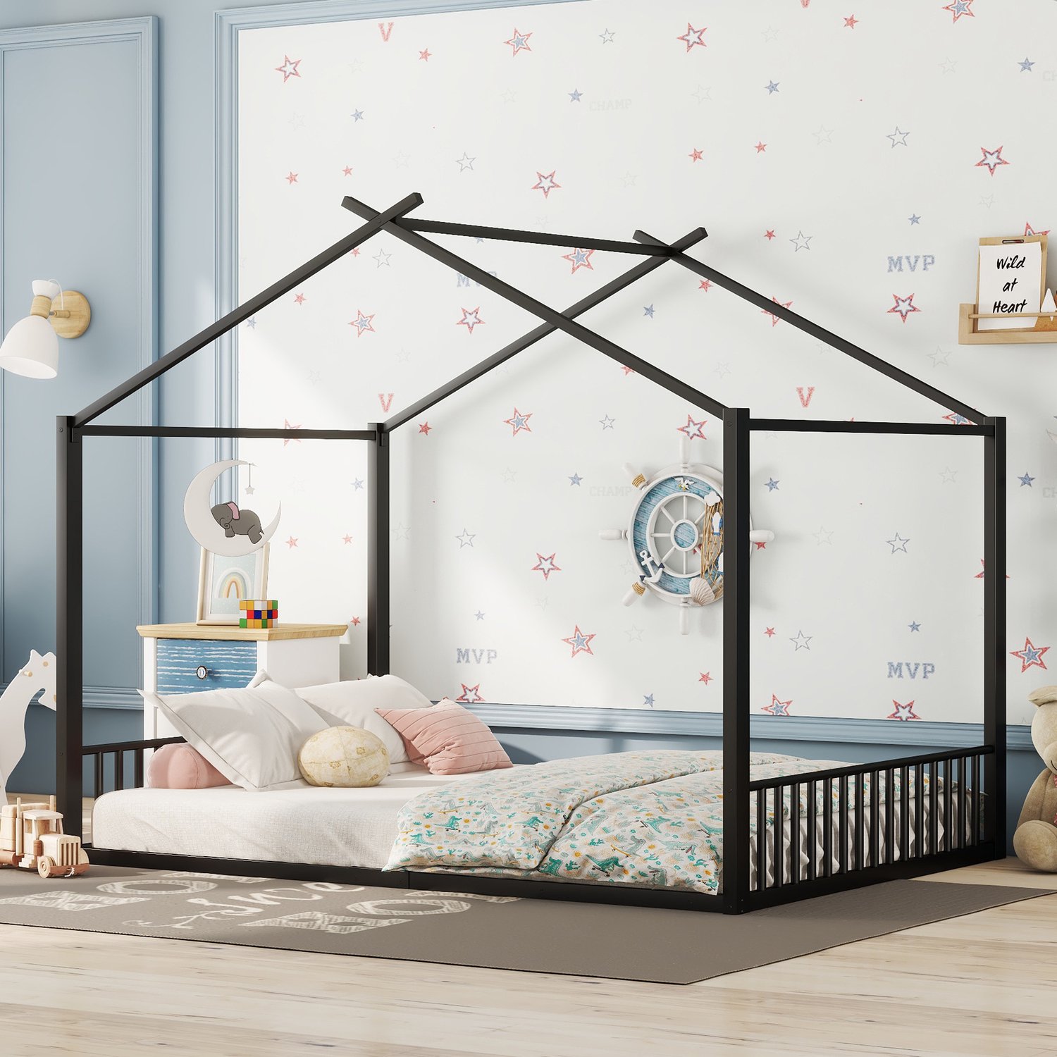 CHICFURN Kinderbed Huisbed 140x200 cm - Metalen bedframe - Zwart