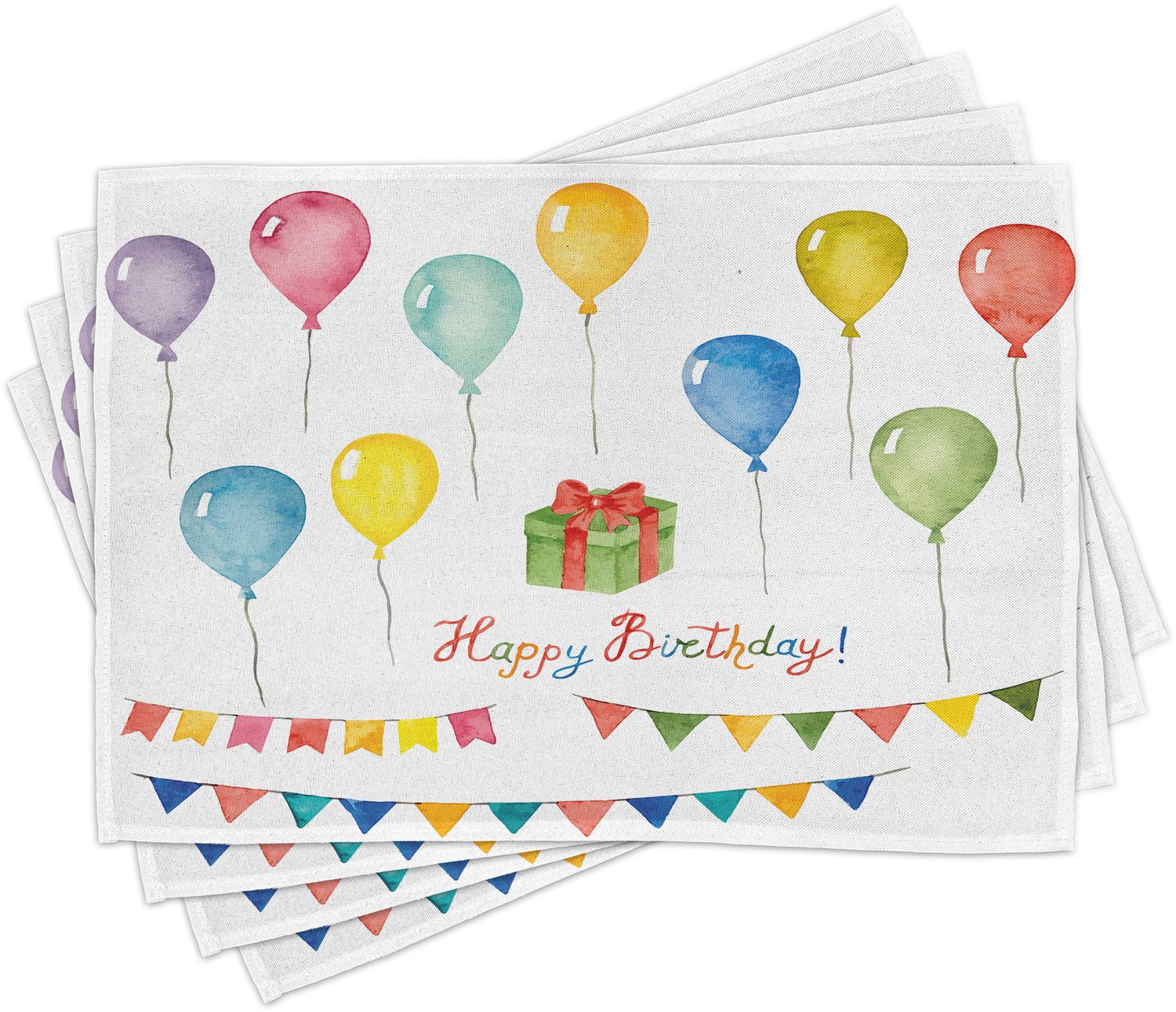 ABAKUHAUS Verjaardag Placemats Set van 4, Aquarel Set voor Viering Vlaggen Verrassing Doos Ballonnen en Vrolijk Beste Wensen, Wasbare Stoffen Placemats voor de Eettafel, Standaardformaat, Pastelrood