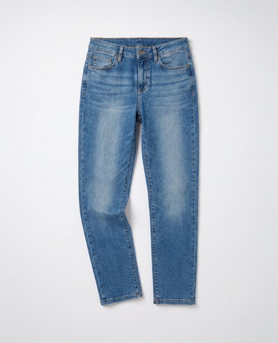 Blauwe spijkerbroek met hoge taille en rechte pijpen, met een lichte wassing.