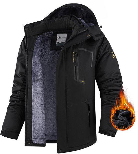 Zwarte outdoorjas met capuchon, warme grijze fleecevoering, ritszakken en 'OUTDOORJACK' tekst op de borst.