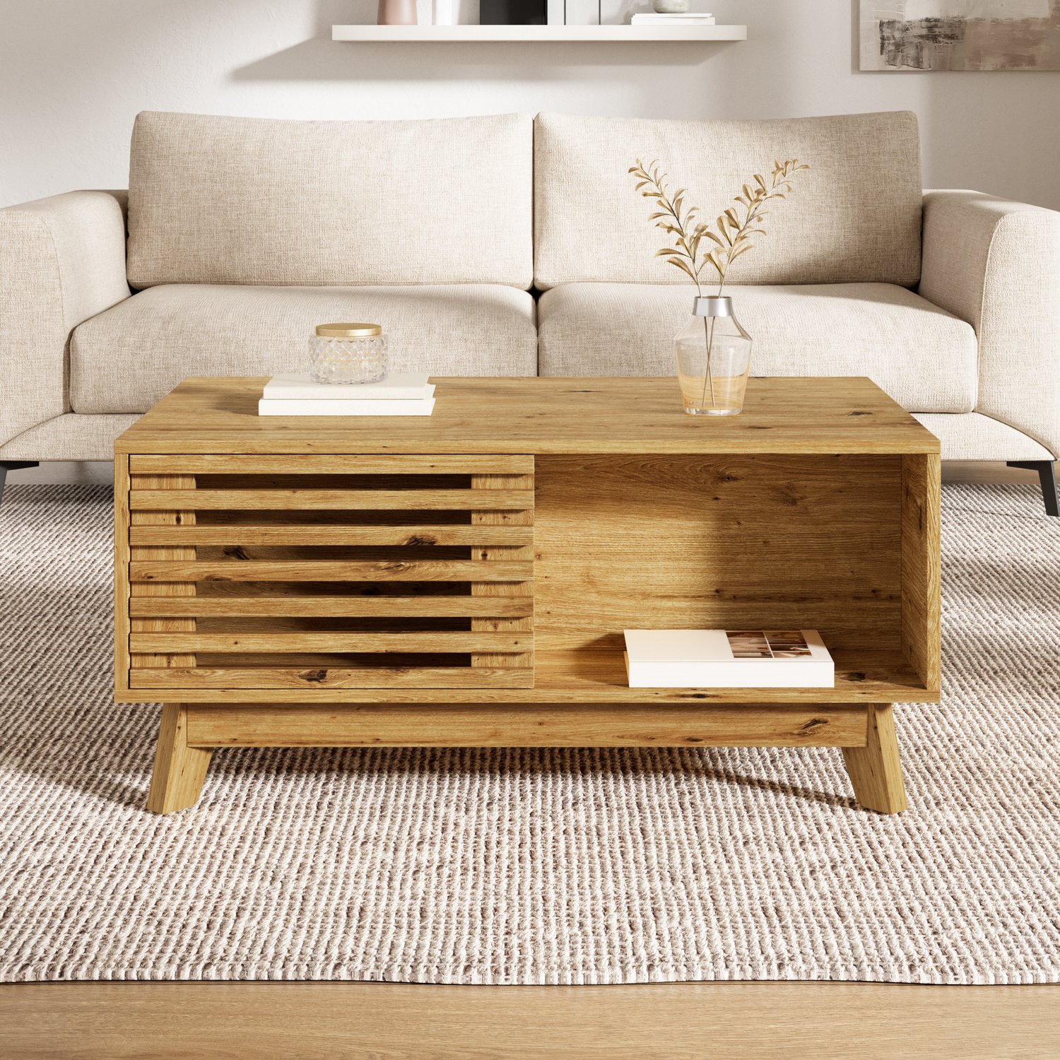 VVBV Salontafel in Hoogte Verstelbaar 90x55x57.5 cm – Opbergruimte, Tot 40 kg, Lamellendeuren – voor Woonkamer – MDF – Naturel