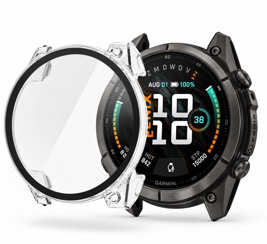 Transparante beschermhoes naast een zwarte Garmin Fenix smartwatch.