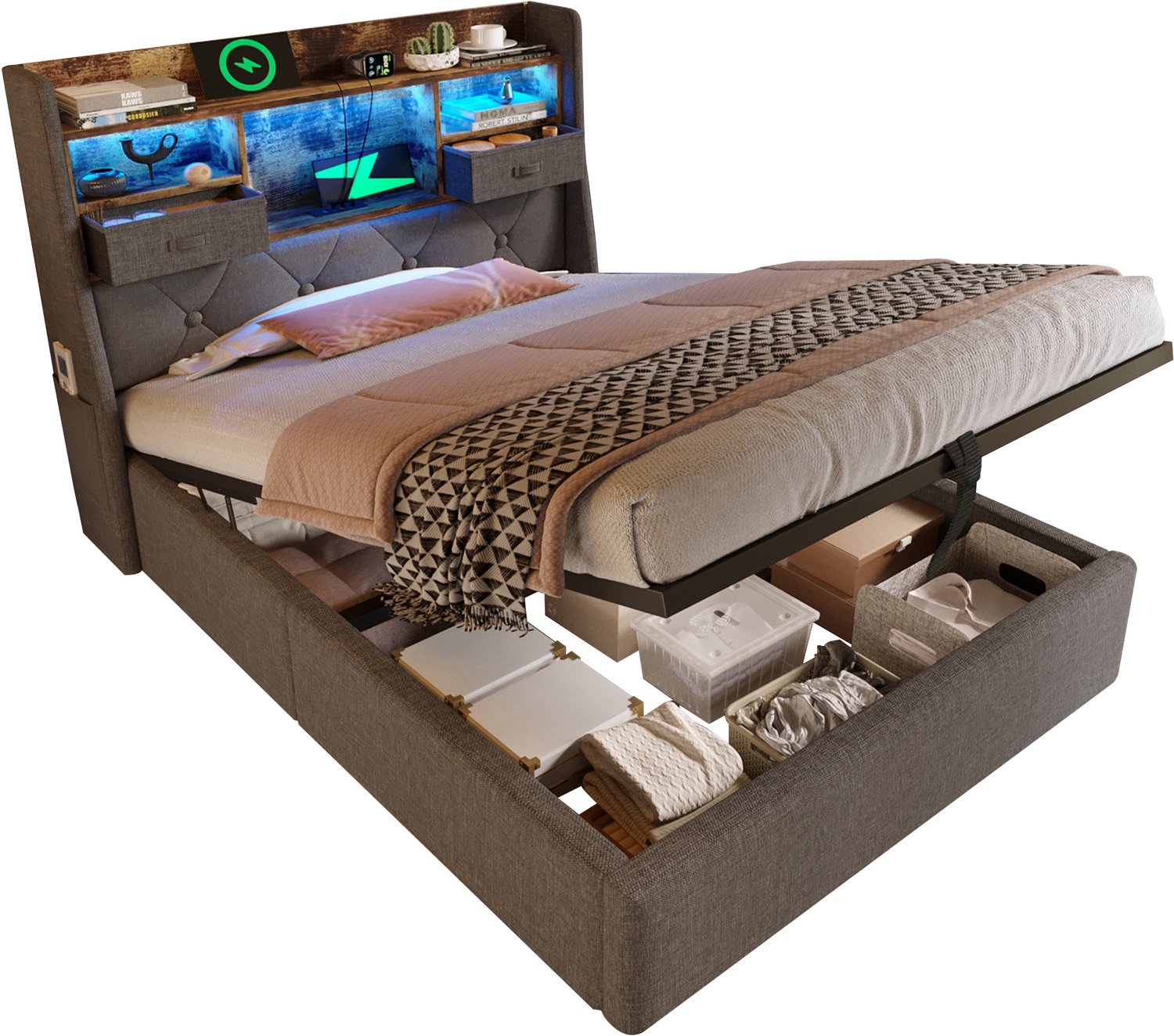 Ropilly Eenpersoonsbed 90x200 cm - Gestoffeerd Bed Met Hydraulische Opbergruimte - LED-Hoofdbord Met USB En USB-C - Inclusief Lattenbodem - Grijs Linnen