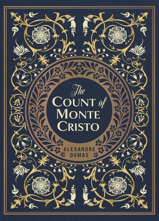 De omslag van 'The Count of Monte Cristo' door Alexandre Dumas, met een donkerblauwe achtergrond en sierlijke gouden en beige ornamenten.