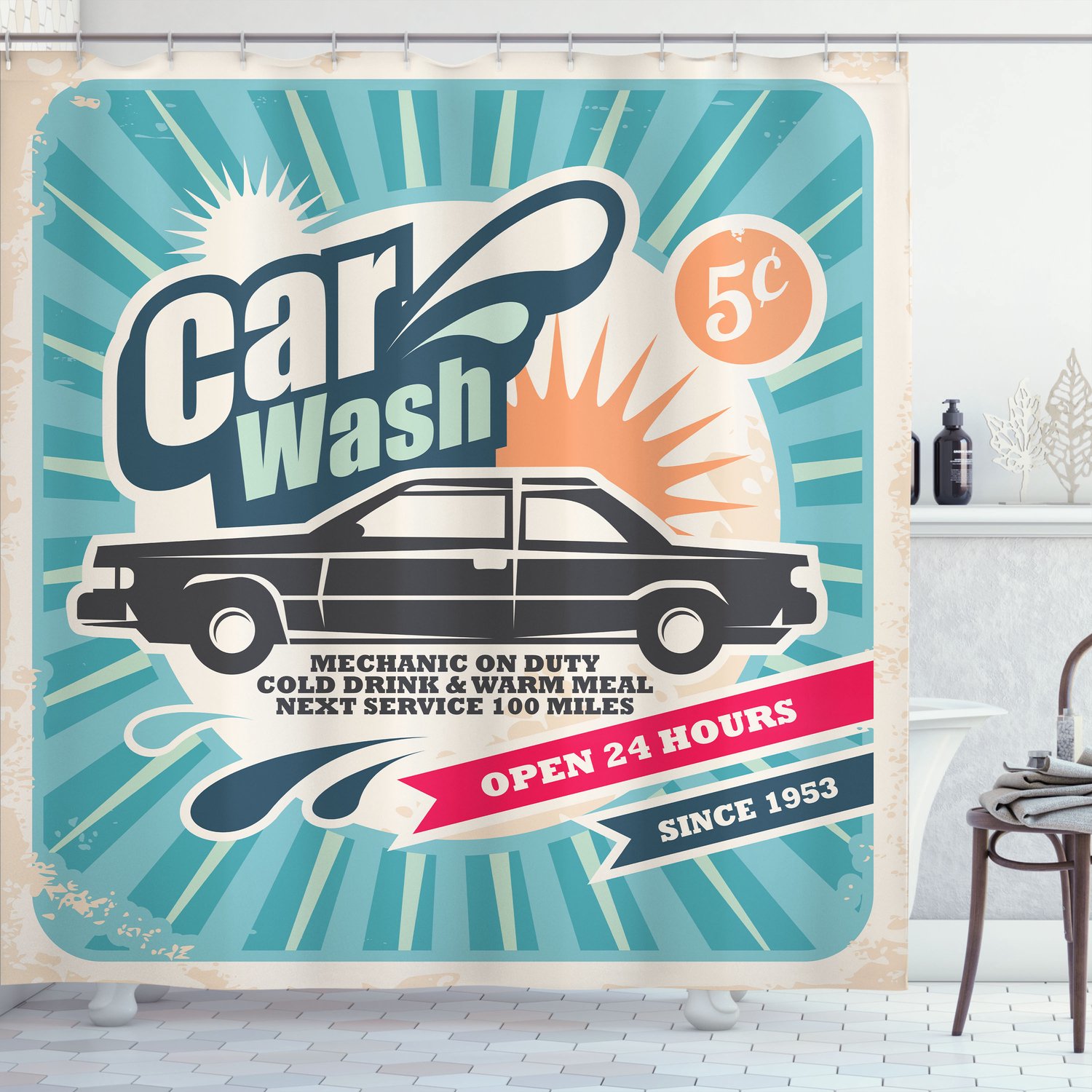 ABAKUHAUS Retro Douchegordijn, Vintage Autoreparatiekunst, Stoffen Badkamerdecoratieset met Haken, 175 x 240 cm, Kadett Blauw