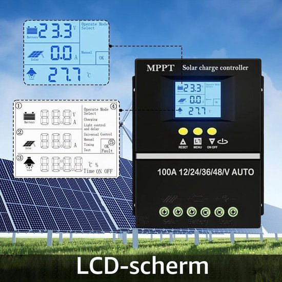Zonne-energie MPPT Laadregelaar 100A voor 12V, 24V, 36V en 48V Panelen met LCD Scherm voor Lithium en Loodaccu's, Efficiënte Oplossing voor Duurzame Energie — afbeelding 3