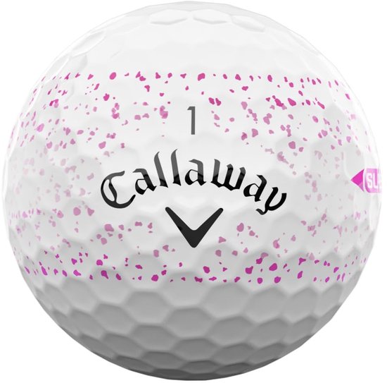 Callaway SUPERSOFT golfbal, wit met roze spetters en een roze 'SL' logo.