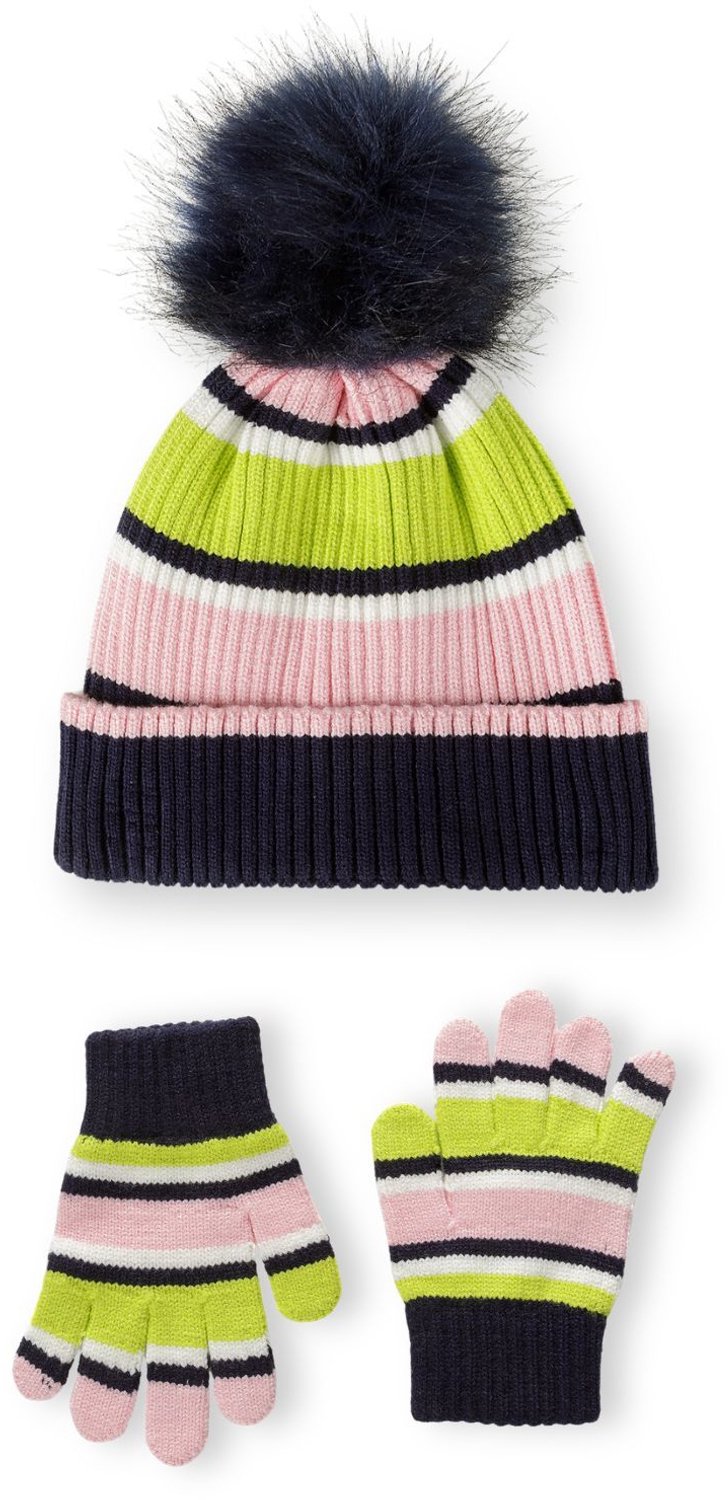 Minoti muts en handschoenen kind – gestreept – met pompon – marineblauw