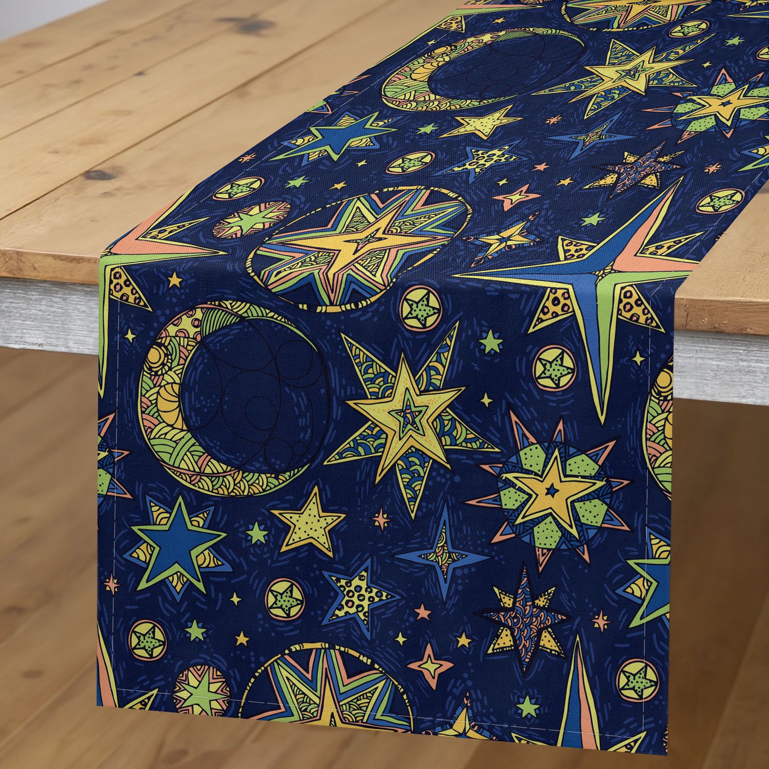 ABAKUHAUS Moderne Tafelloper, Sterrenhemel met Halve Maan Nacht Astronomie Ruimte Kosmos Ontwerp, Rechthoekige Tafelloper voor Eetkamer en Keuken, 40 x 180 cm, Limoengroen