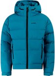 Donkerblauwe winterjas met capuchon, rits, horizontale banen, zakken en 'Protest' logo.