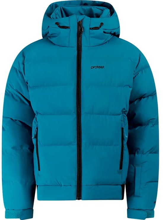 Donkerblauwe winterjas met capuchon, rits, horizontale banen, zakken en 'Protest' logo.