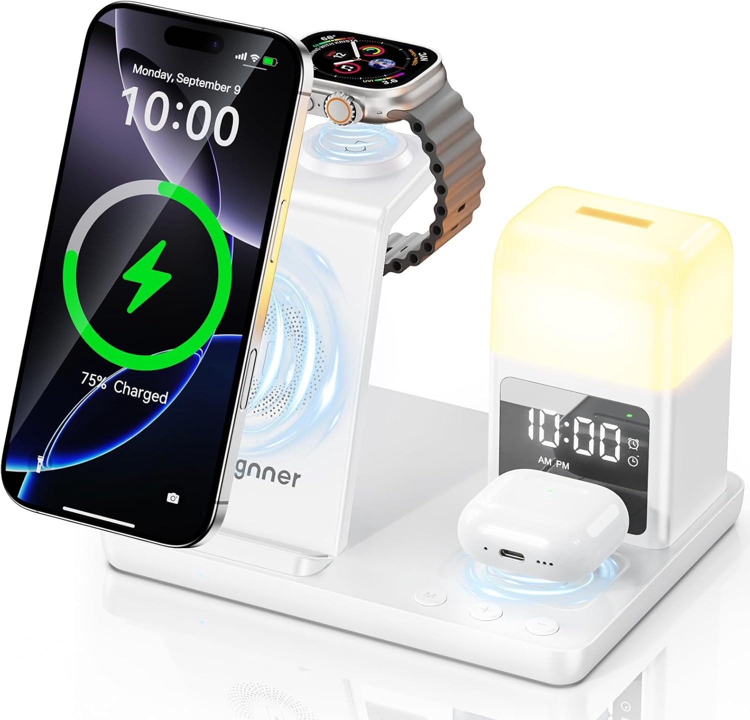 Draadloos Oplaadstation met 6-in-1 Functionaliteit voor iPhone, Apple Watch en AirPods met Nachtlamp en Alarmklok