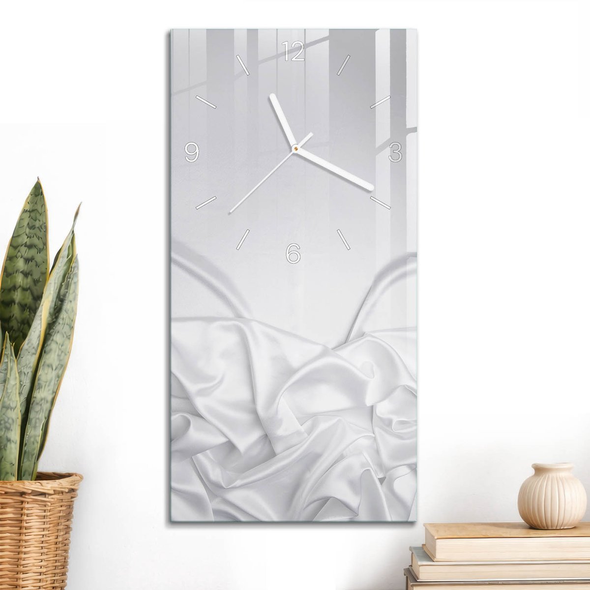 ArtPrintCave Wit Glazen Klok - 30x60 cm - Rechthoekige Wandklok - Witte Stof Wandklok Keuken - Texturen Unieke Klok - Witte Klokwijzers