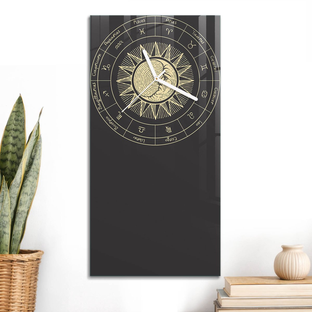 ArtPrintCave Zwart Glazen Klok - 30x60 cm - Rechthoekige Wandklok - Dierenriemwiel Unieke Klok - Abstractie Stille Wandklok - Witte Klokwijzers