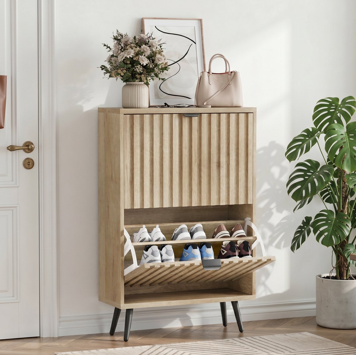 REDOM Staande schoenenkast - 60 cm breed - Twee kippvakken - Verstelbare tussenschotten - Mid Century Modern stijl - Hal - MDF en metaal - Eiken - 60 x 24 x 95 cm