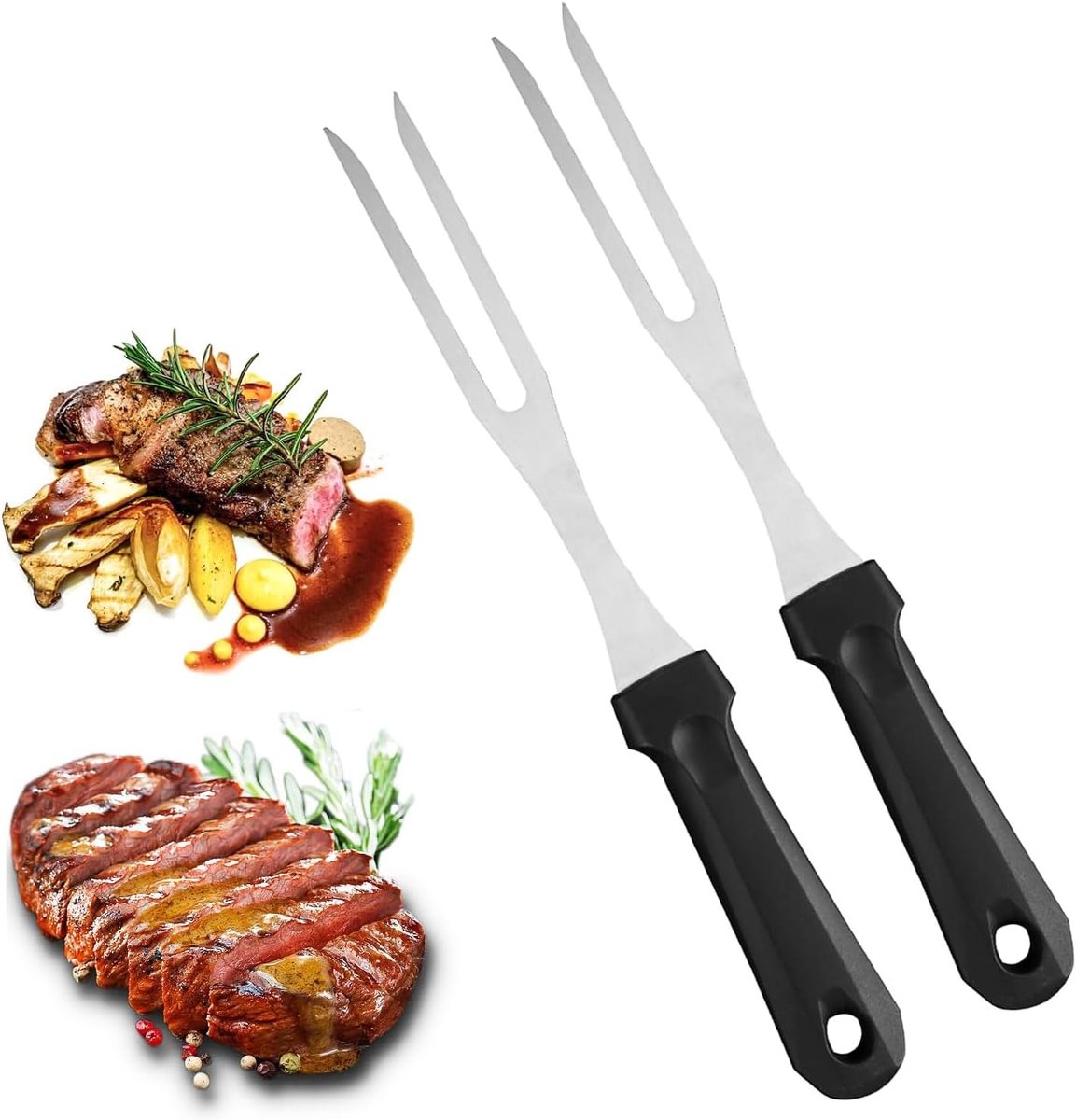 Vleesvork, 2 stuks, roestvrij staal, grillvork met kunststof handvat, 31 cm, trancheervork, recht, onbuigzaam, braadvork, bladlengte, grillvorken, roestvrij vleevork, groot, met zwart