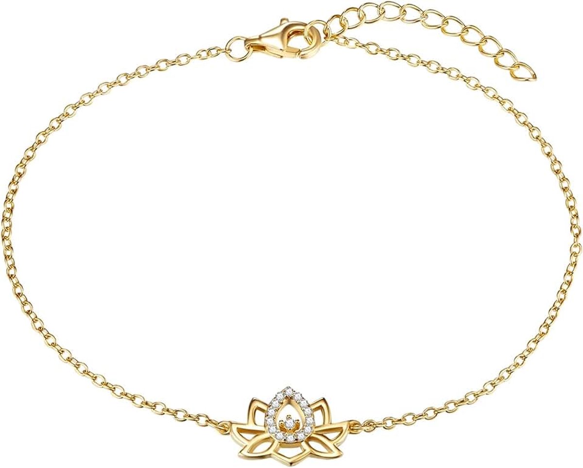 Zilver geelgoud verguld met lotusbloem Zirkonia wit - zilveren Armband geelgoud motief Armband