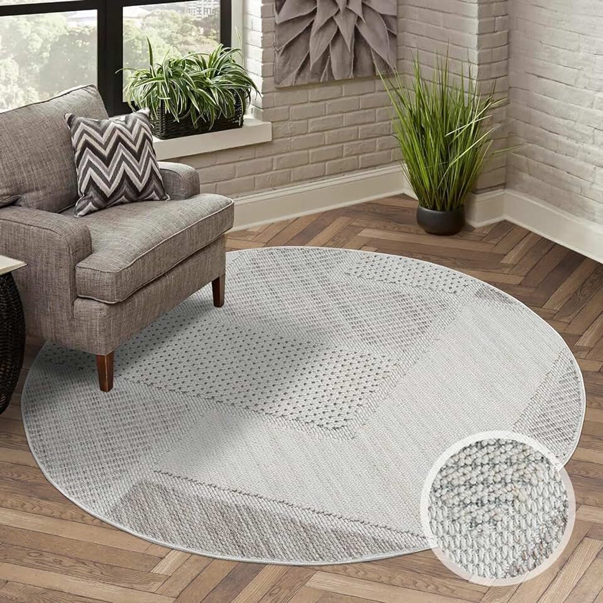 Carpet city Vloerkleed, laagpolig, woonkamer, beige, groen, 160 x 160 cm, rond, tapijten boho-stijl, geometrisch patroon, voor slaapkamer, eetkamer