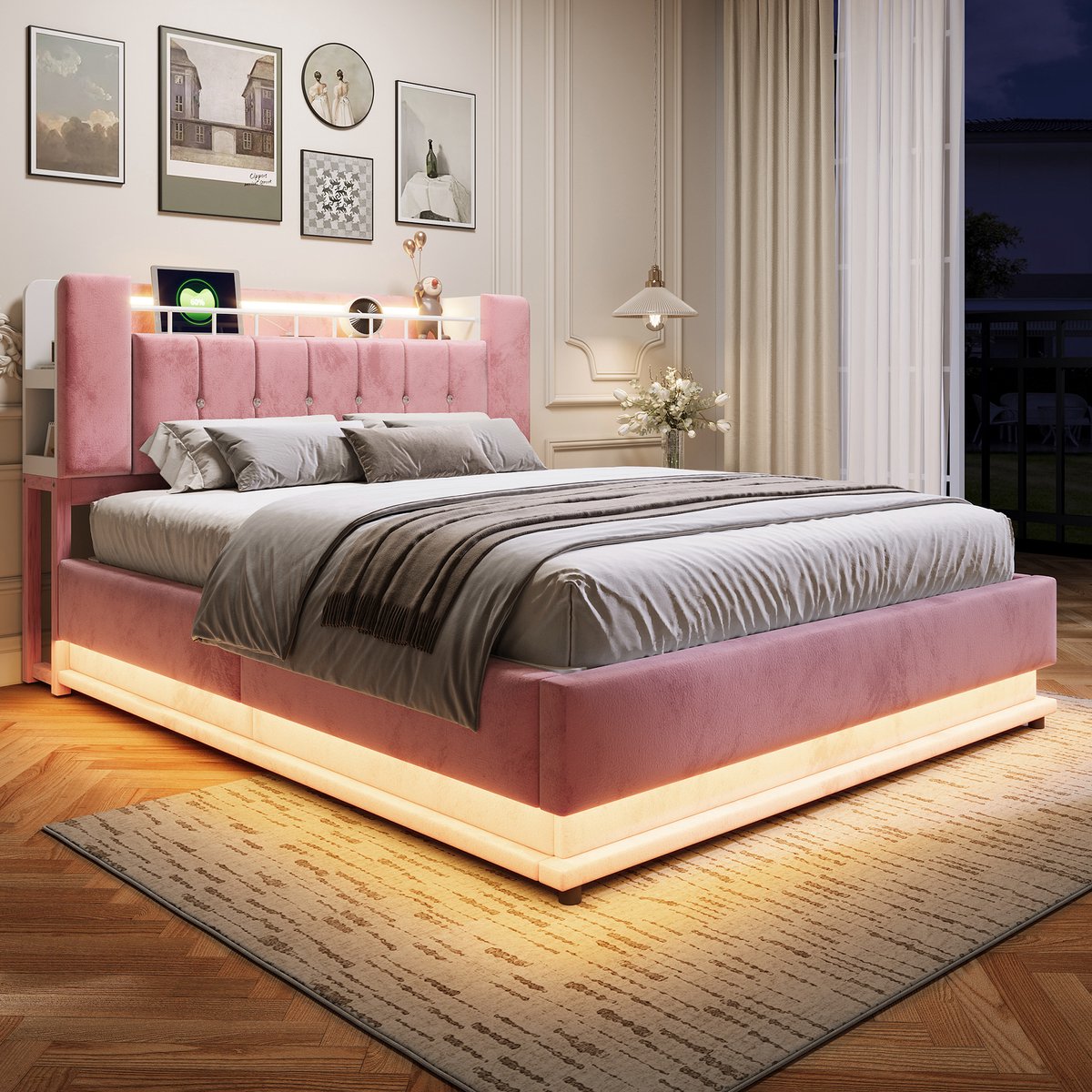Zubaliya Kinderbed, Slim gestoffeerd bed 160 x 200 cm met LED-verlichting, USB- en hydraulische opbergruimte, zachte fluwelen bekleding en metalen frame roze
