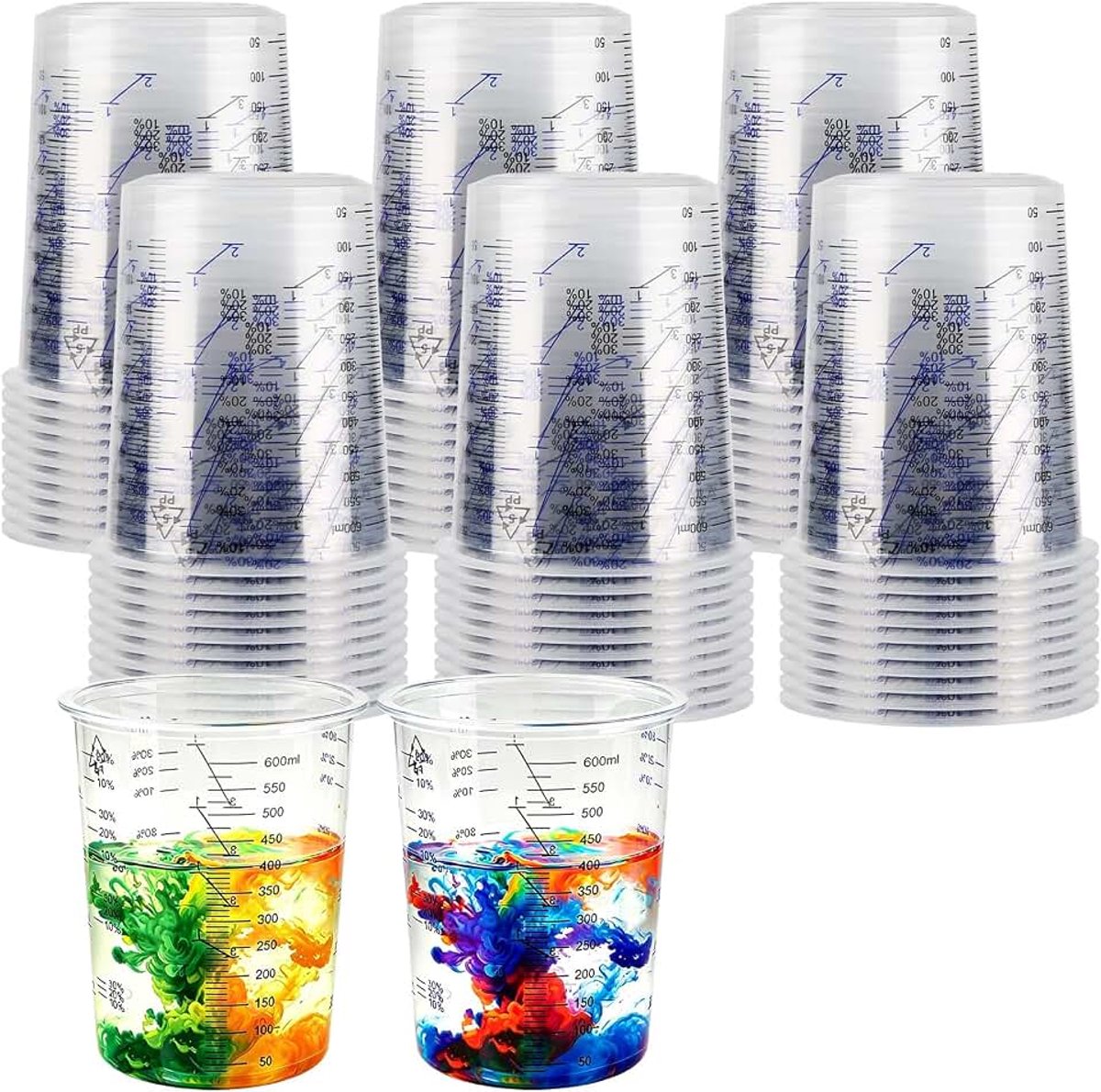 30 stuks mengbekers epoxyhars, lak, plastic, mengbeker, lakmengbeker, 600 ml, verfbeker, accessoires met schaal en mengverhouding voor het mengen van hars, verf, pigment