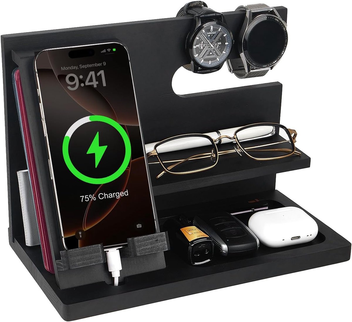 Cadeaus voor mannen, houten telefoon-dockingstation, bureau-organizer, hout, mobiele telefoon en sleutels, organizer, kerstcadeau, man, verjaardag, mobiele telefoonstandaard, nachtkastje, mobiele